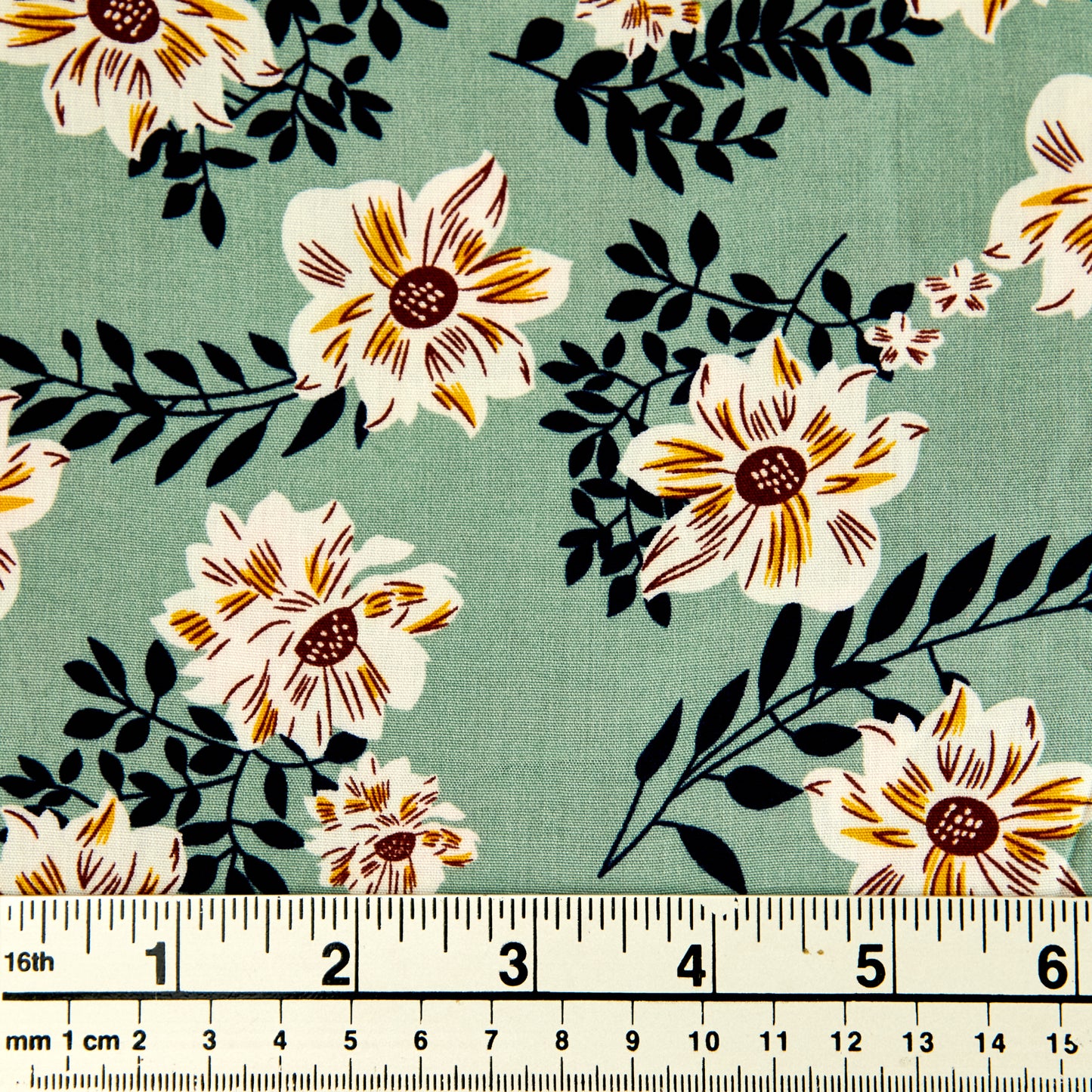 Printed Rayon Fabric, White Yellow Flowers -Width 140cm