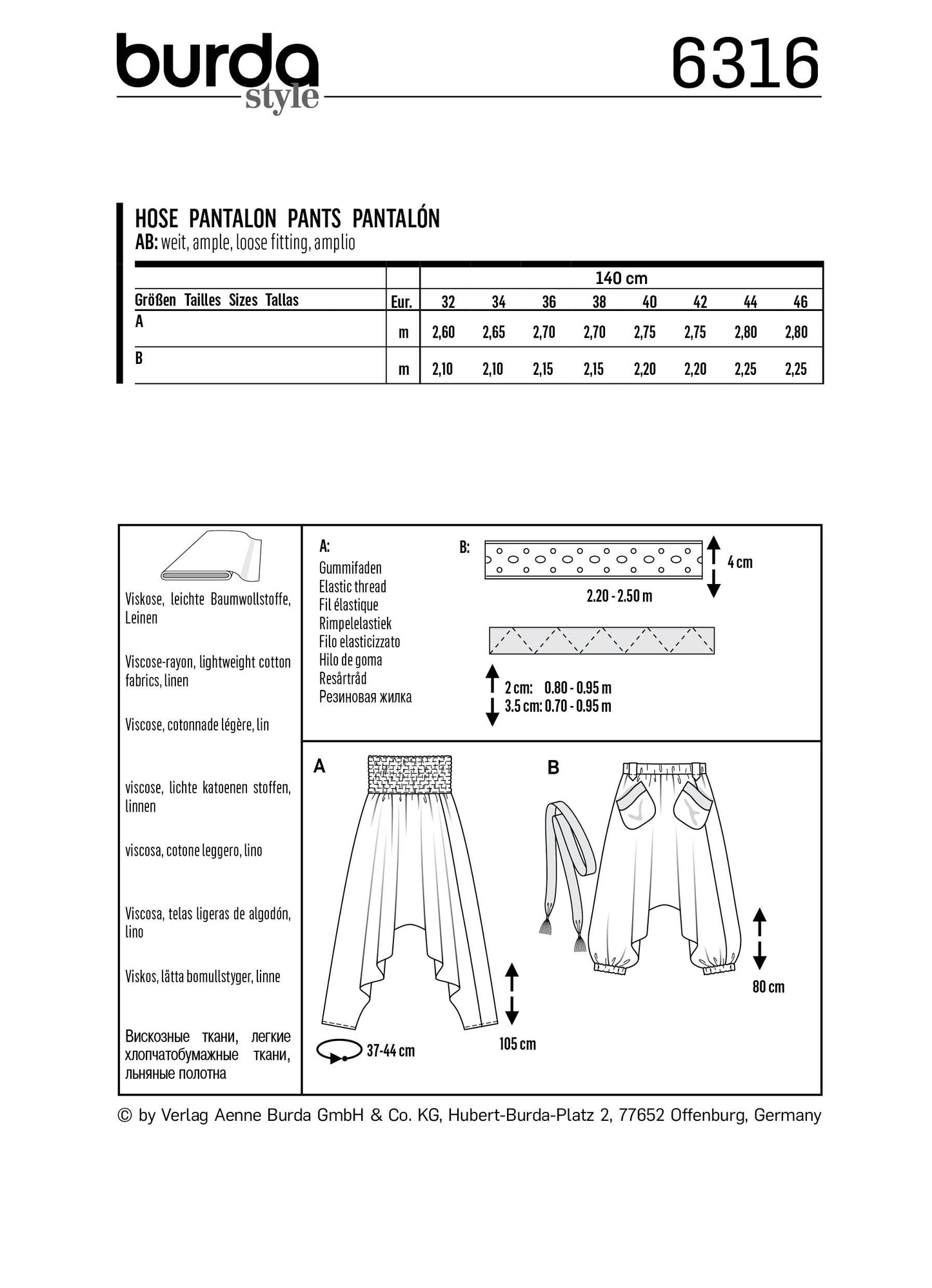 Burda Pattern 6316 Misses' harem pant