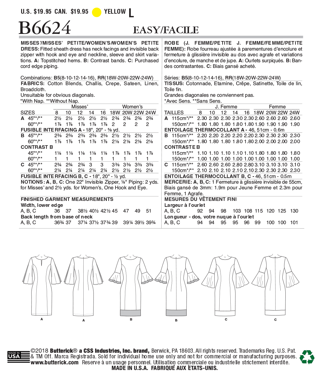 Butterick Pattern B6624 Misses'/Misses' Petite, Women's/Women's Petite Dress