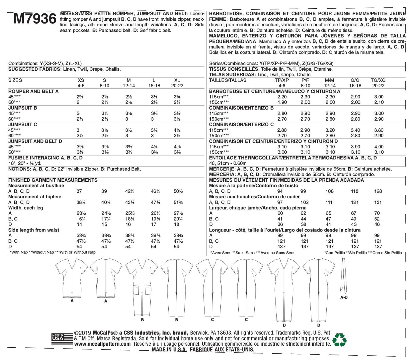 McCall's Pattern M7936 Misses'/Miss Petite Romper, Jumpsuit and Belt