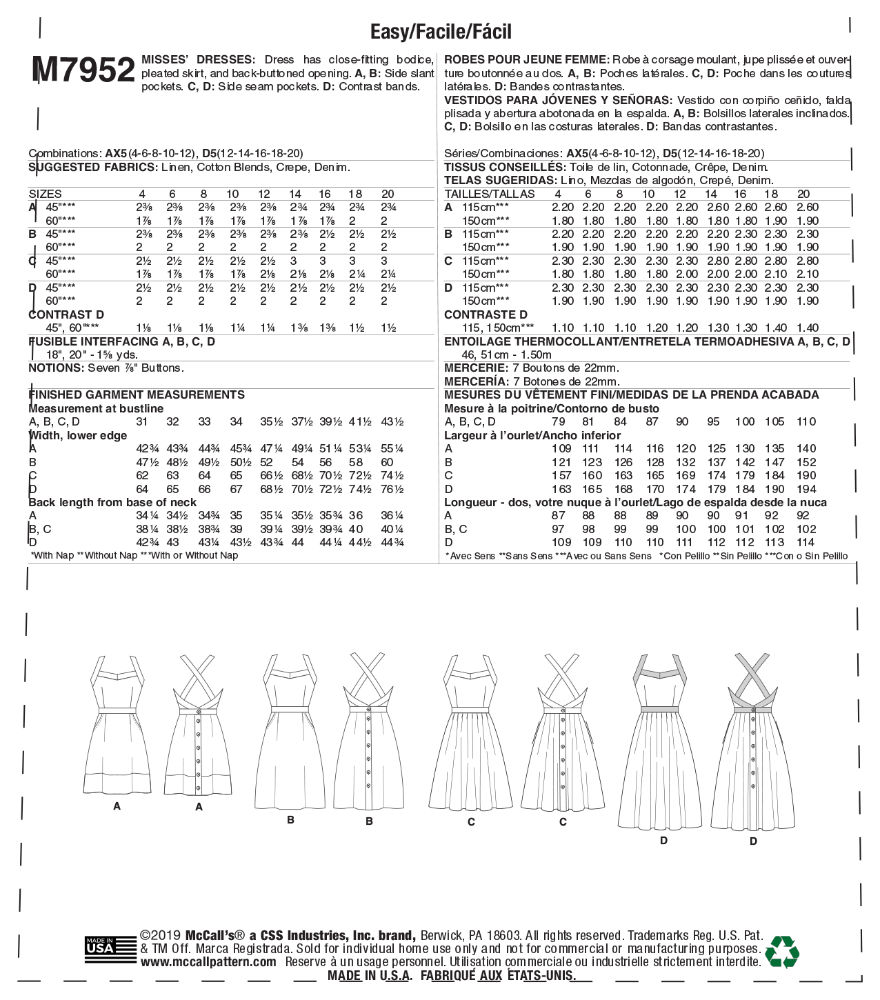 McCall's Pattern M7952 Misses' Dresses