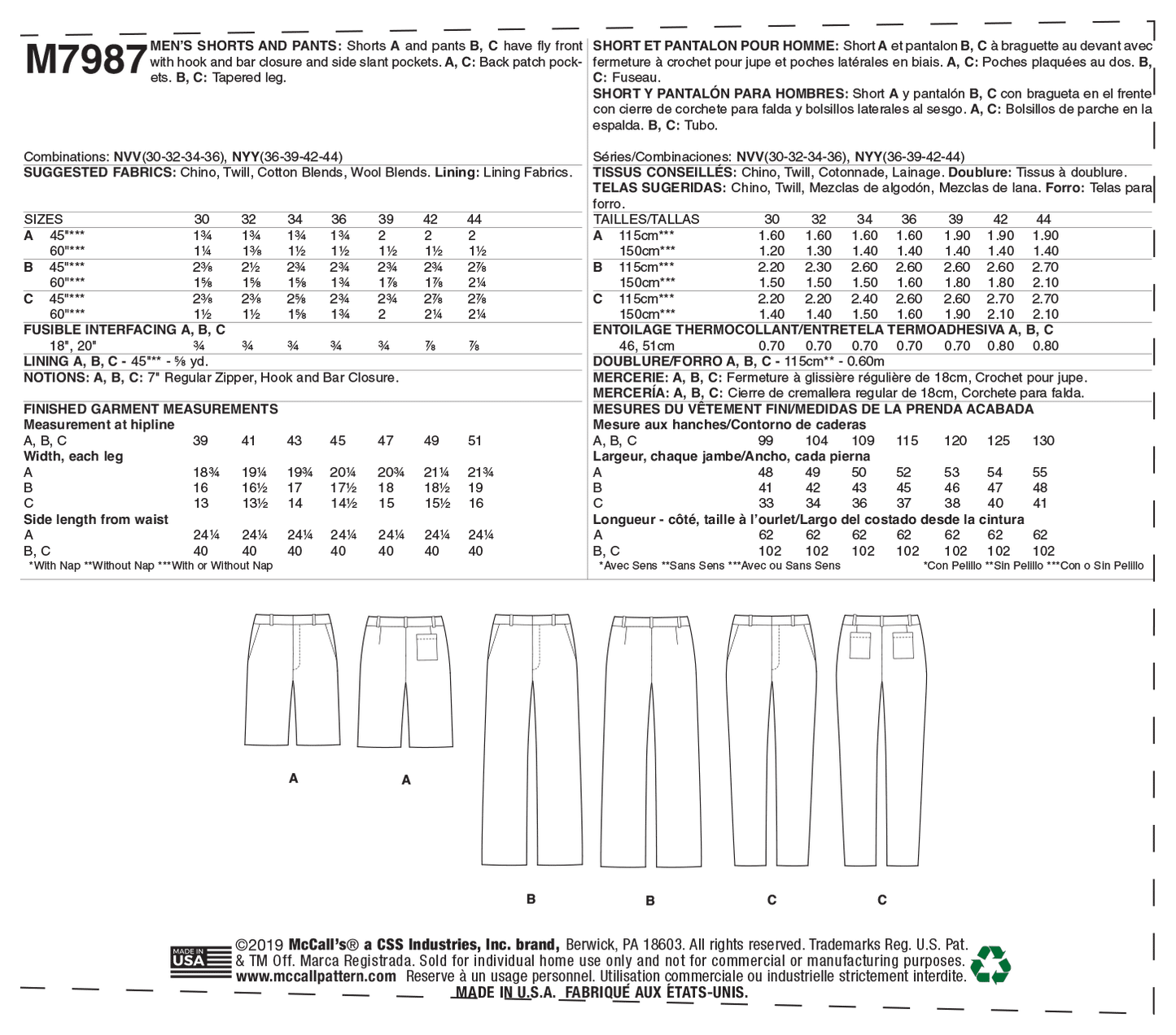 McCall's Pattern M7987 Men's Shorts and Pants