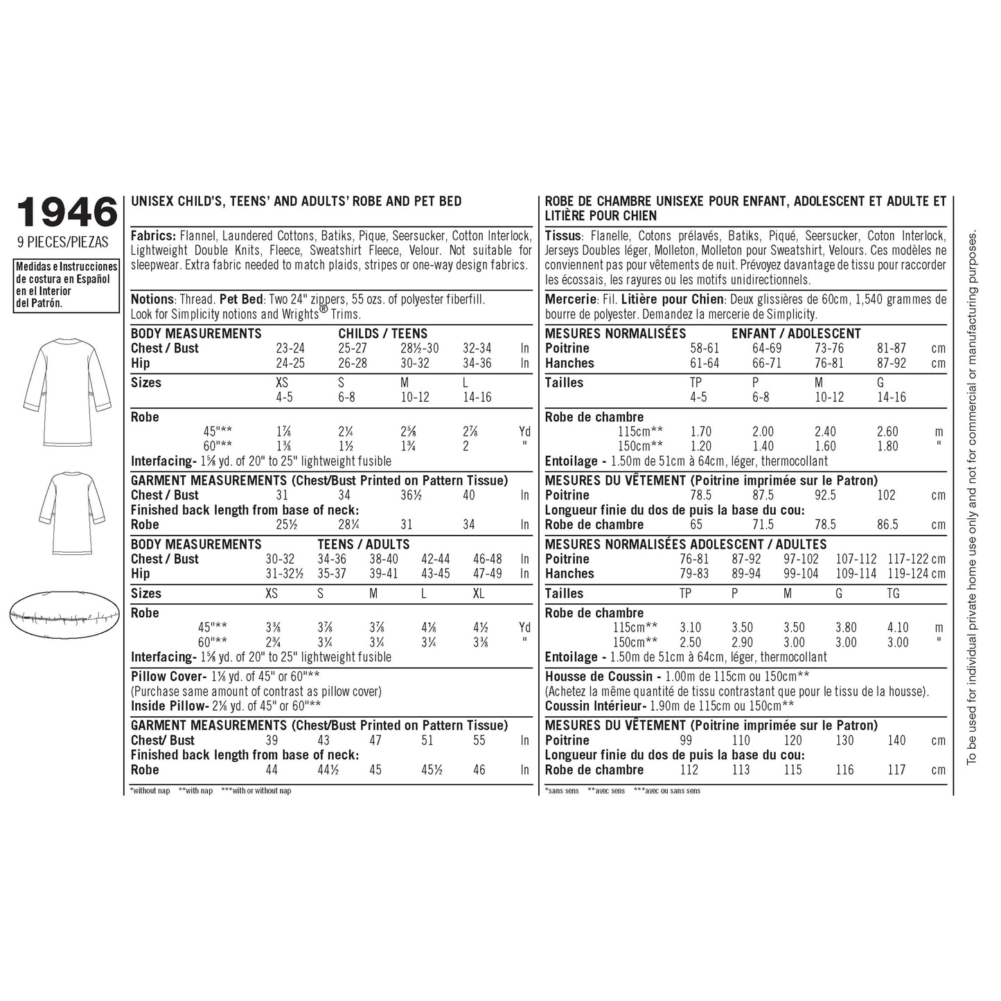 Simplicity Pattern 1946 Learn to Sew Child's Teen's & Adults' Robe