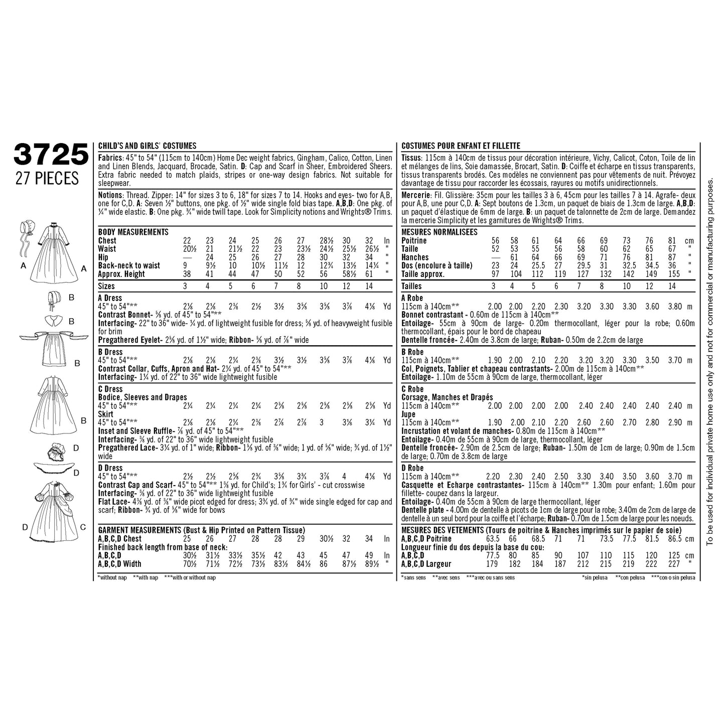 Simplicity Pattern 3725 Child & Girl Costumes