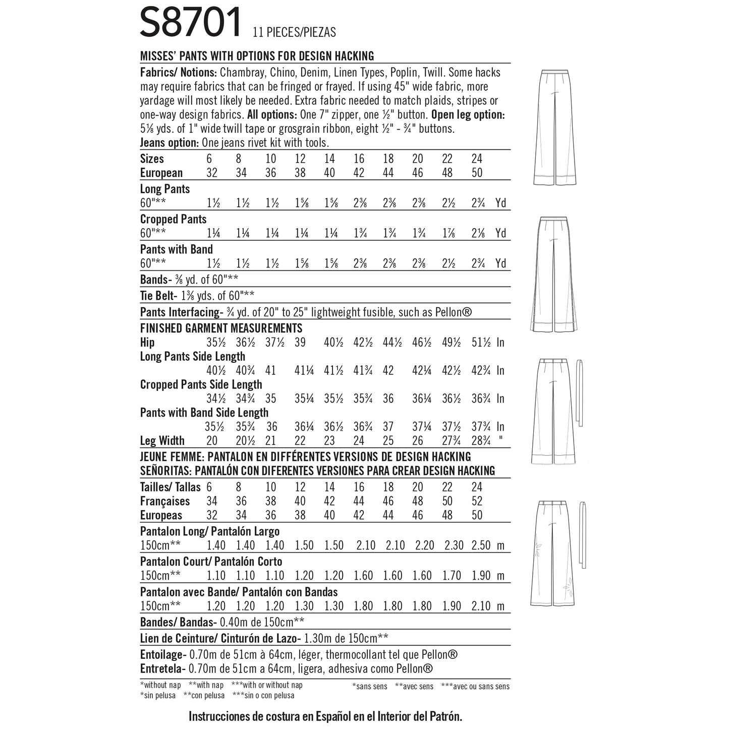 Simplicity Pattern 8701 Misses' Pants with Options for Design Hacking