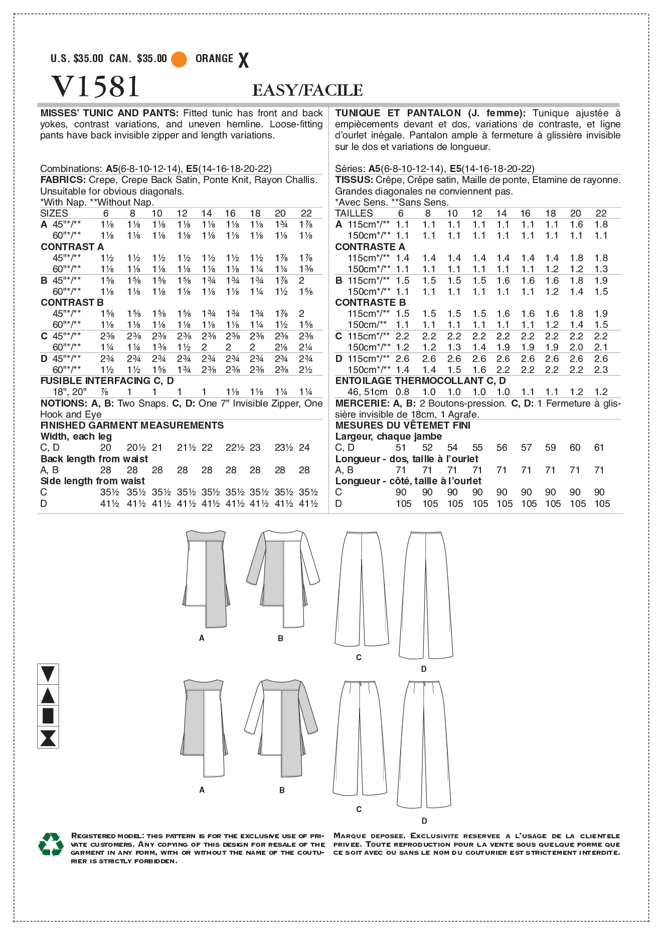 Voguepattern V1581 Misses' Tunic and Pants
