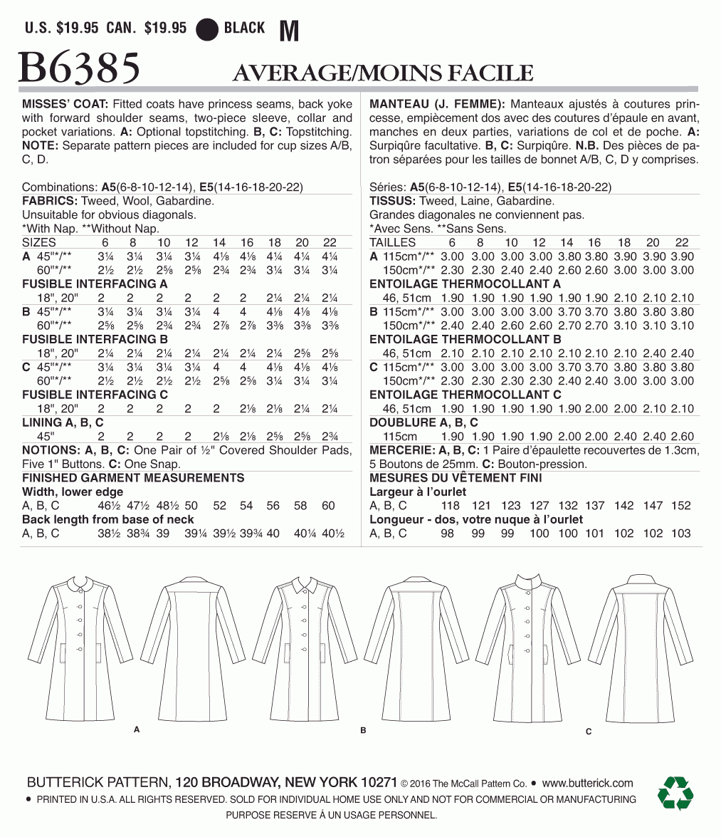 Butterick Pattern B6385 Misses' Funnel-Neck, Peter Pan or Pointed Collar Coats