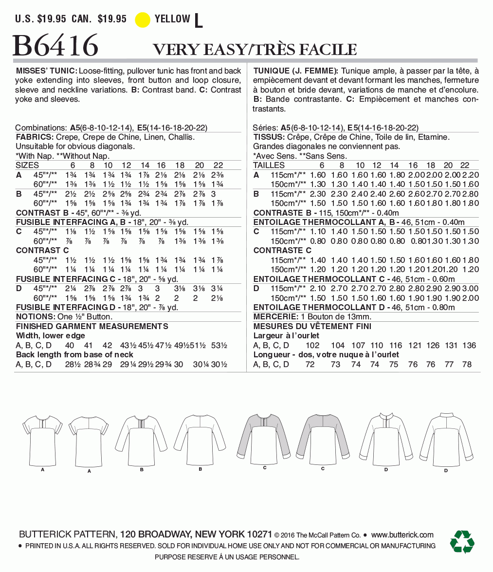 Butterick Pattern B6416 Misses' Button-Closure Tunics with Yokes