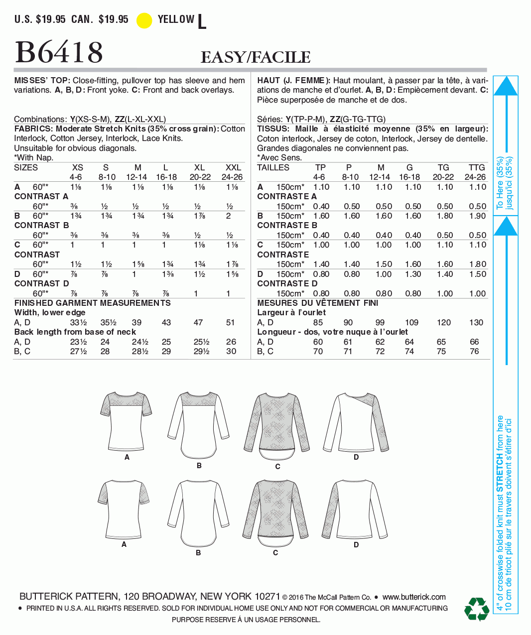 Butterick Pattern B6418 Misses' Knit, Lace-Detail Tops