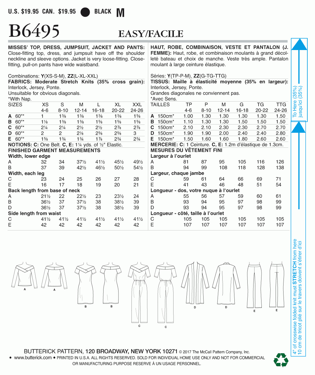 Butterick Pattern Misses' Knit Off-The-Shoulder Top, Dress And Jumpsuit,  Loose-Xs-S-M 