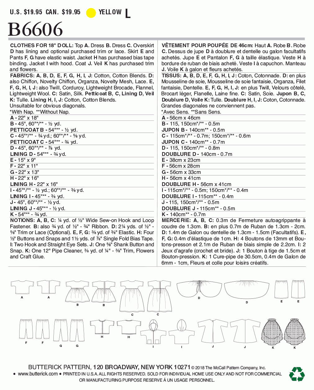 Butterick Pattern B6606 Clothes For 18" Doll