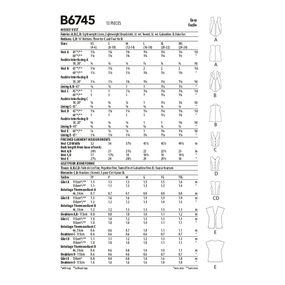 Butterick Pattern B6745 Misses' Vests in Five Styles