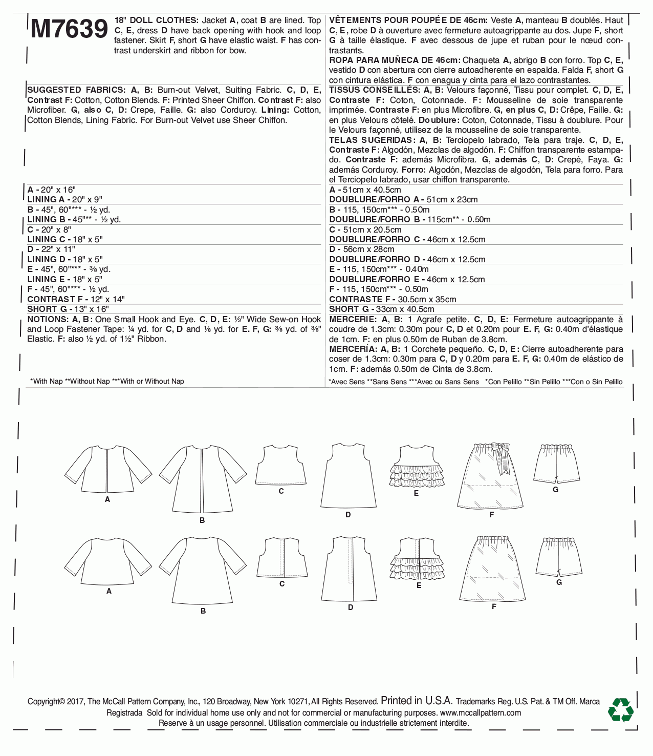 McCall's Pattern M7639 Clothes for 18