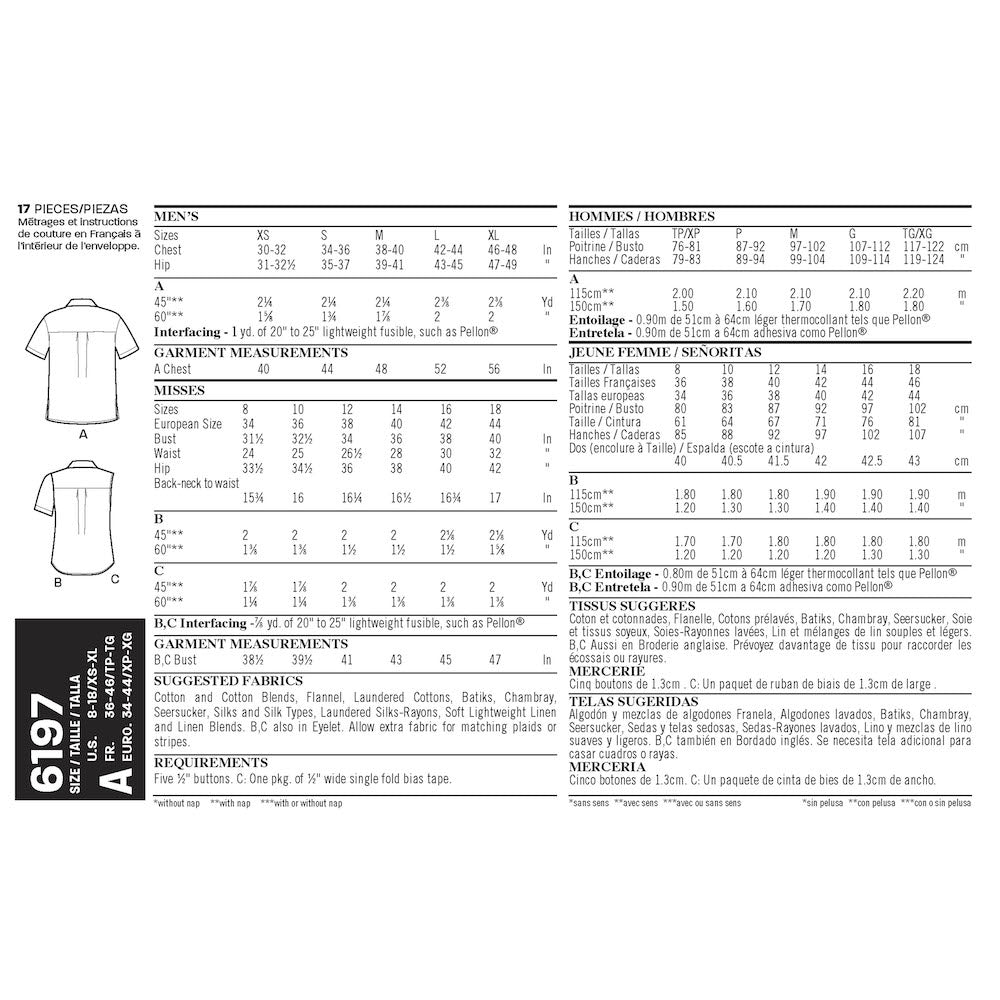 Newlook Pattern 6197 Misses' and Men's Shirts