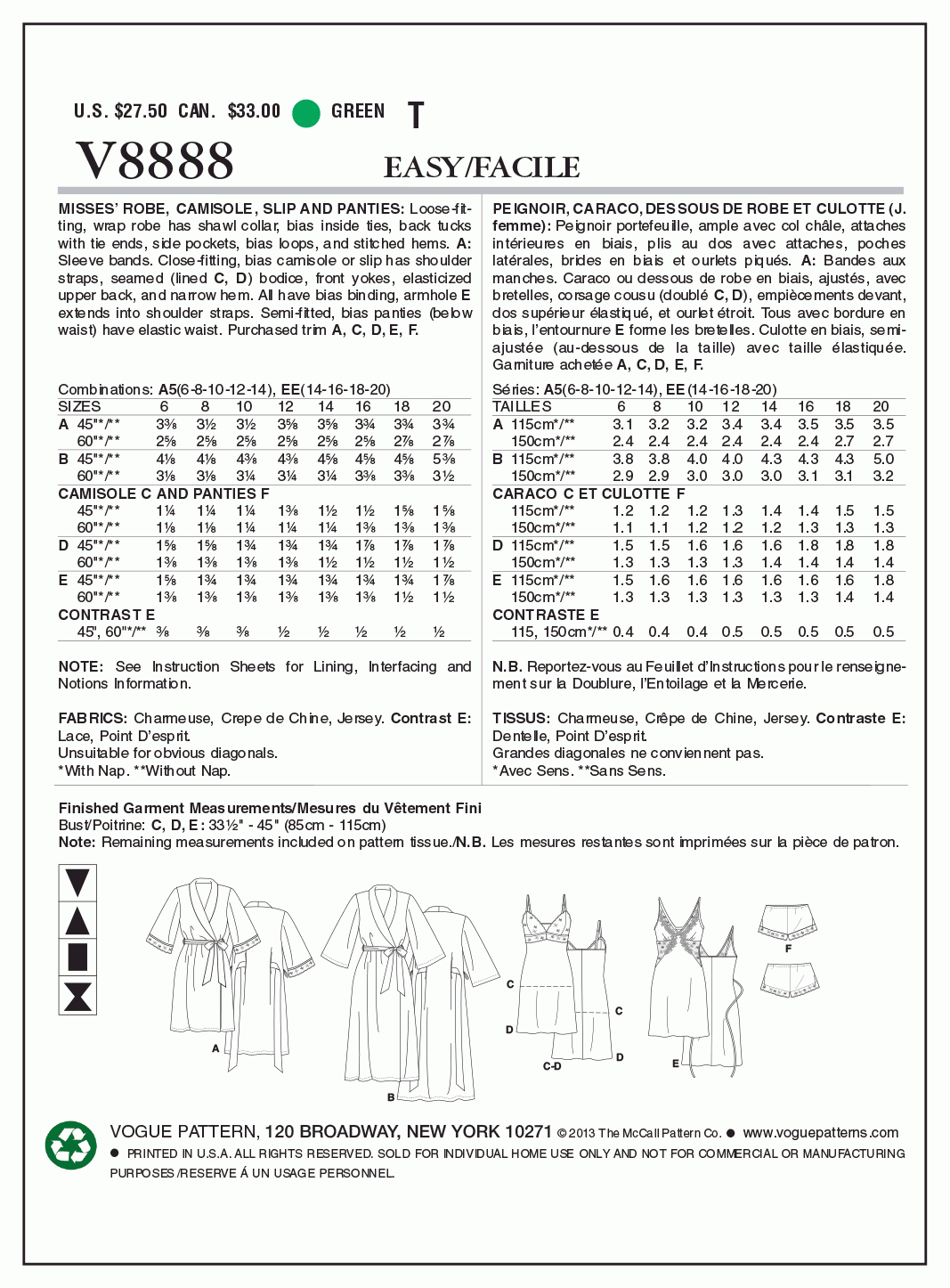 Vogue Pattern V8888 Misses' Robe, Slip, Camisole and Panties