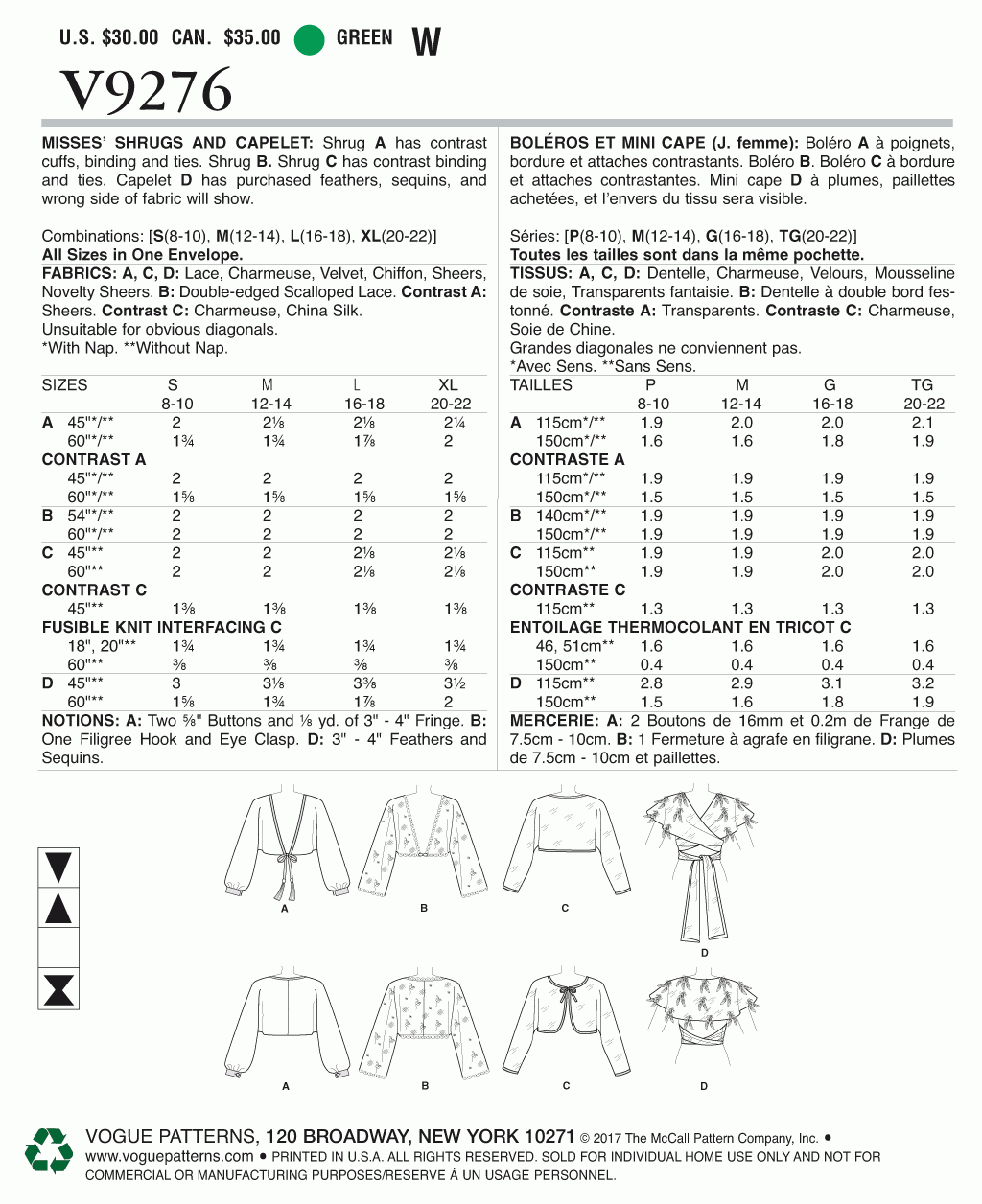 Vogue Pattern V9276 All Sizes in One Envelope