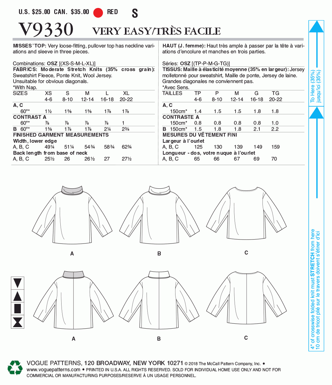 Vogue Pattern V9330 OSZ (XSM-SML-MED-LRG-XLG)