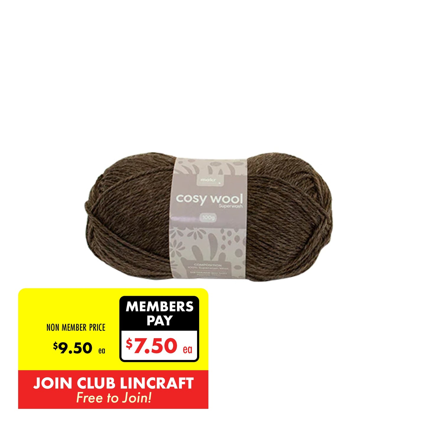 Makr Cosy Wool Crochet & Knitting Yarn 8ply, Brown Marle- 100g Wool Yarn