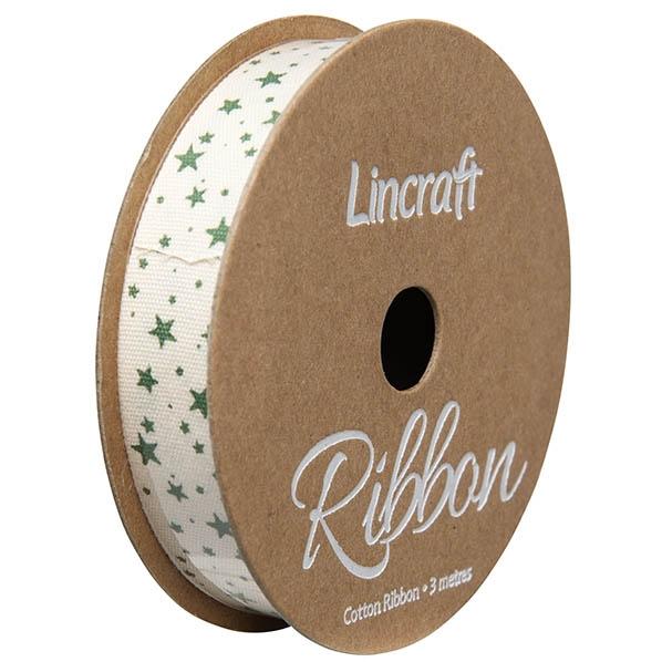 Cotton Ribbon, Emerald Stars- 15mm x 3m – Lincraft