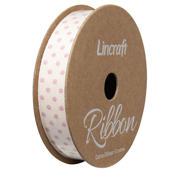 Cotton Ribbon, Dots Porky Pink- 15mm x 3m