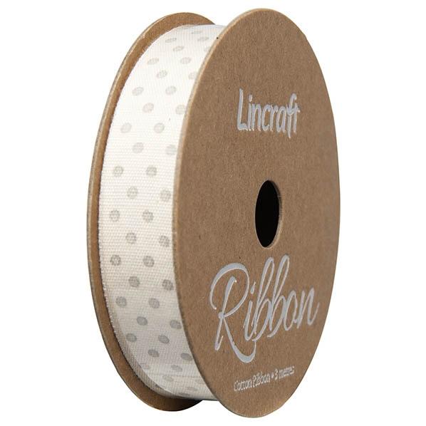 Cotton Ribbon, Dots Silver- 15mm x 3m – Lincraft