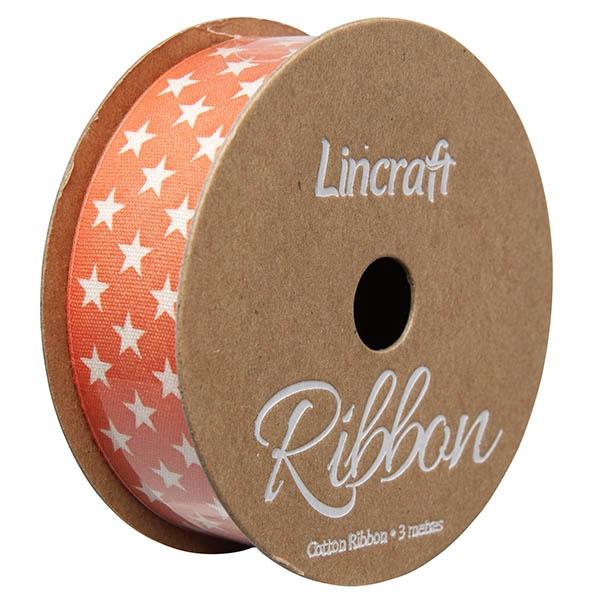 Cotton Ribbon, Stars Burnt Orange- 25mm x 3m – Lincraft
