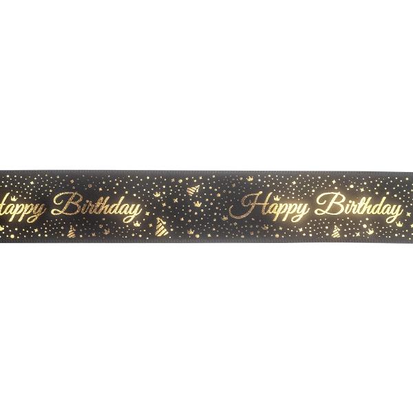 Makr Ribbon, Gold Happy Birthday Black Satin- 22mmx4.5m