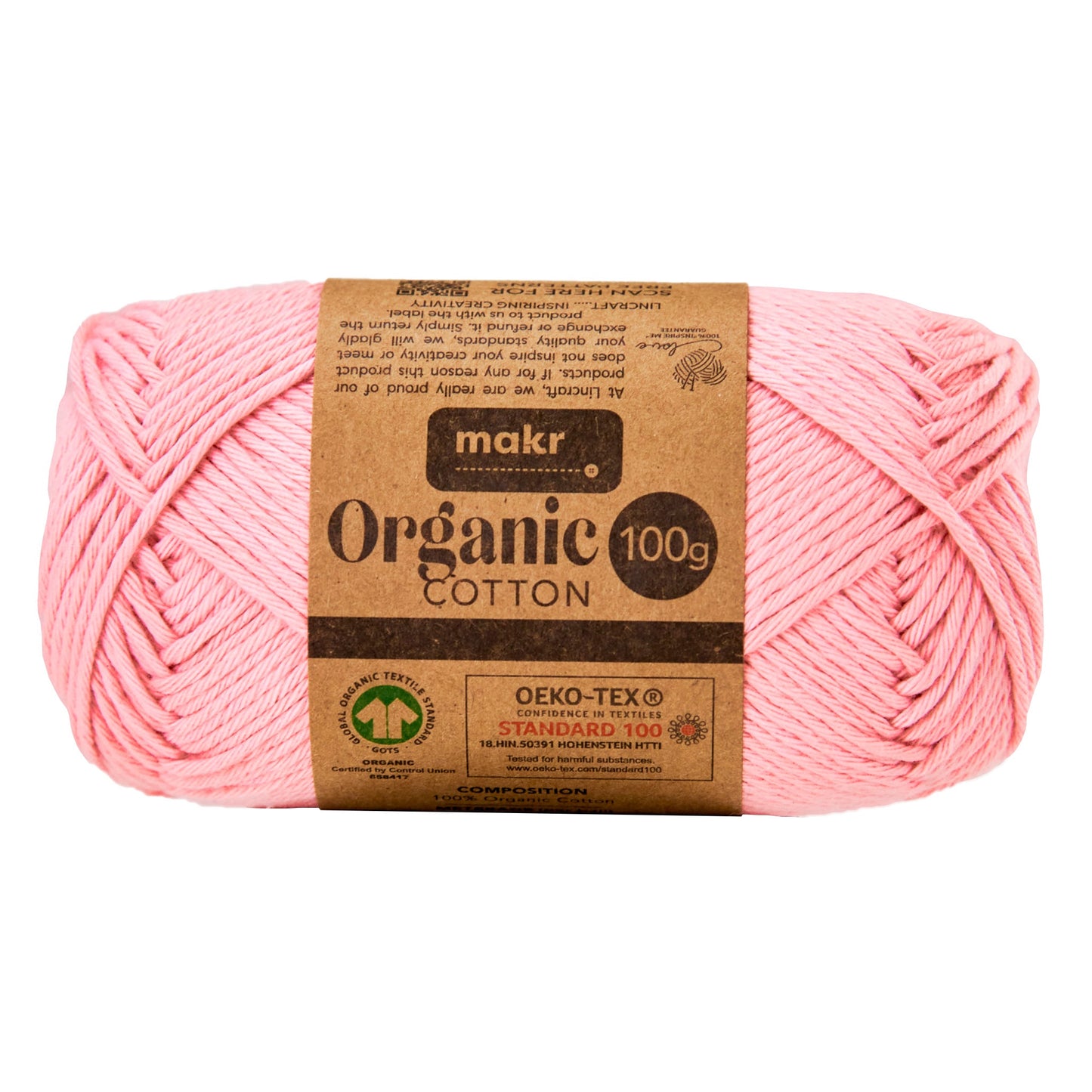 Makr Organic Cotton Yarn, Pink- 100g Cotton Yarn