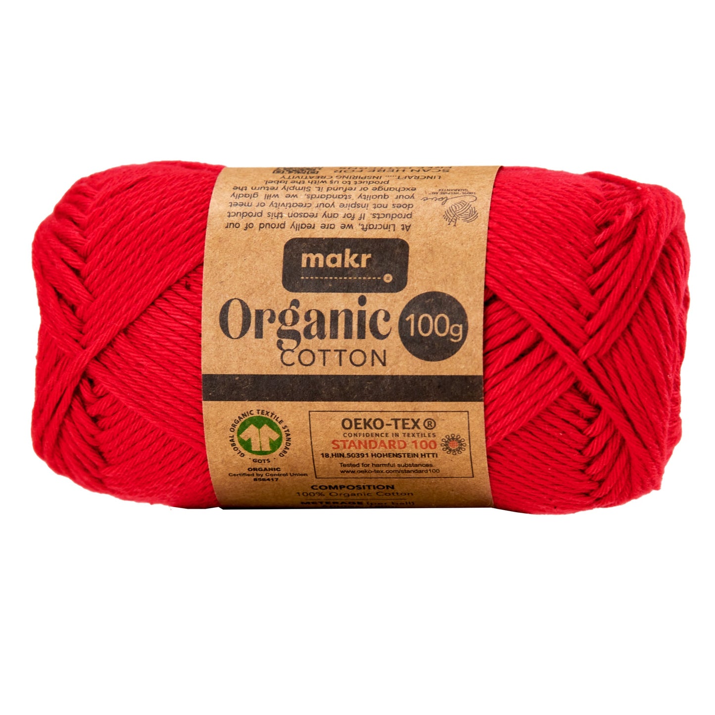 Makr Organic Cotton Yarn, Red- 100g Cotton Yarn