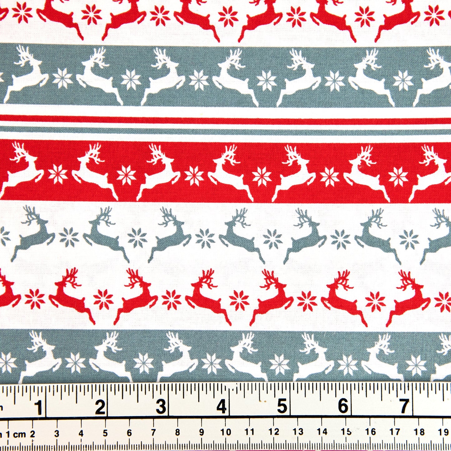 Christmas Cotton Print Fabric, White/Red Blue Reindeer- Width 112cm