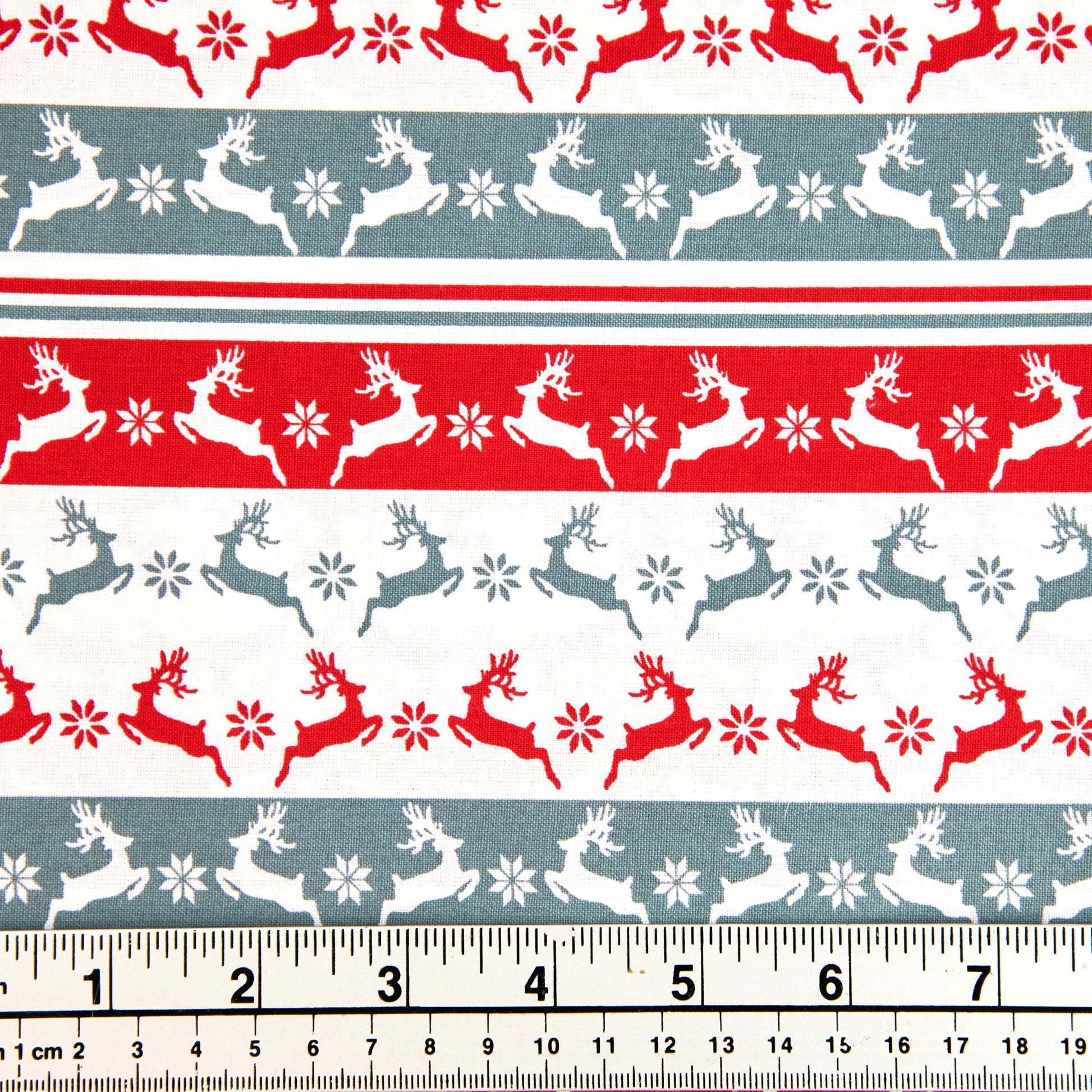 Christmas Cotton Print Fabric, White/Red Blue Reindeer- Width 112cm