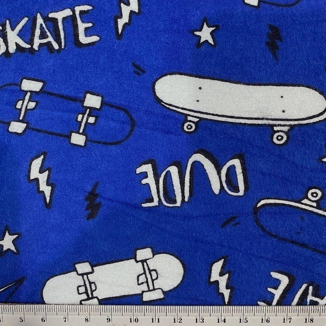 Printed Flannelette Fabric, Blue Skate Dude Print- 108cm Width