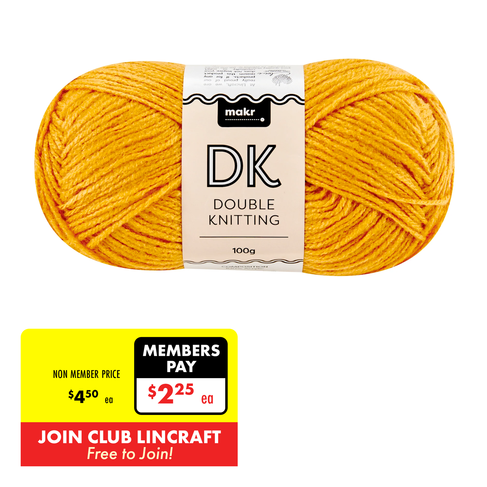 Makr DK 8ply Crochet & Knitting Yarn, Golden Nugget- 100g Acrylic Yarn