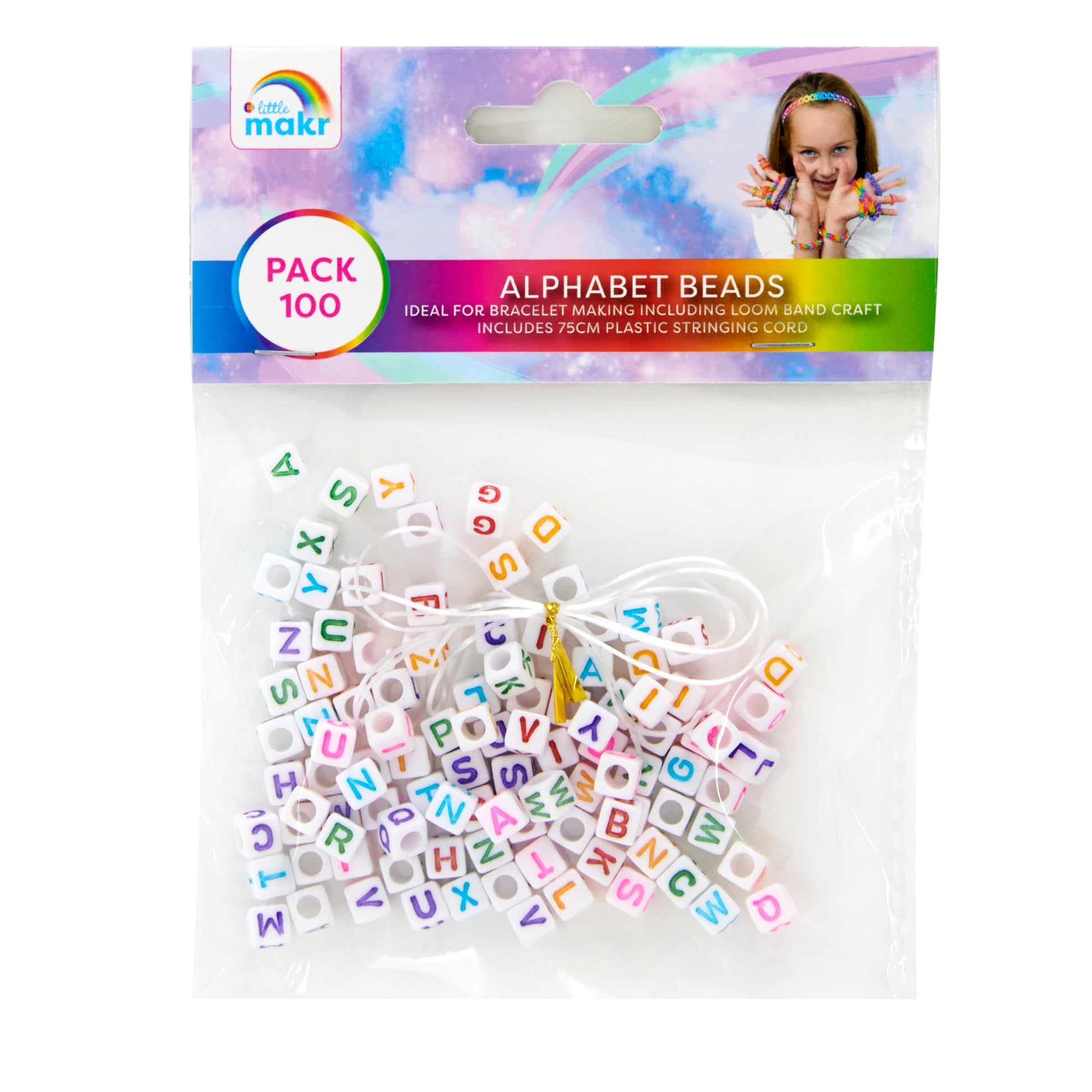 Little Makr Rainbow Alphabet Beads, White With Coloured Alphabets- 100pk