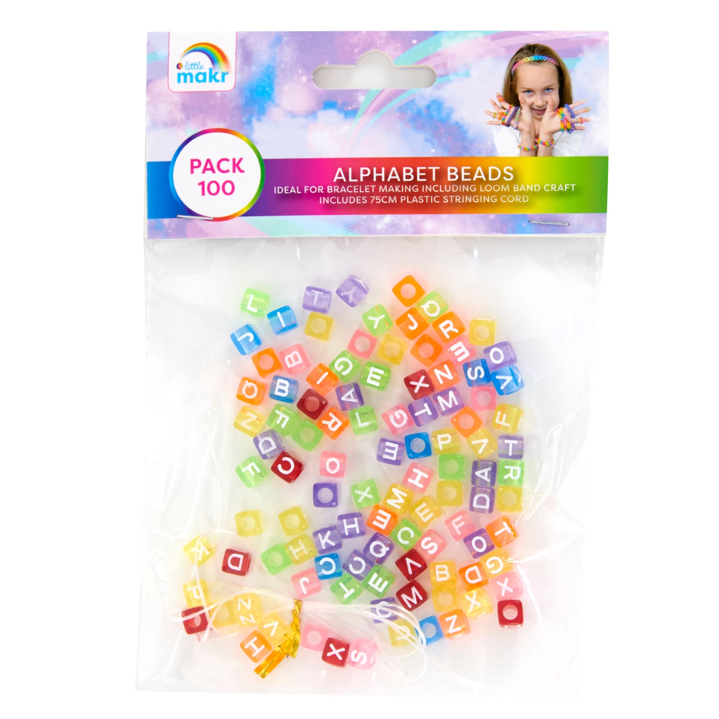 Little Makr Rainbow Alphabet Beads, Translucent With White Alphabets- 100pk