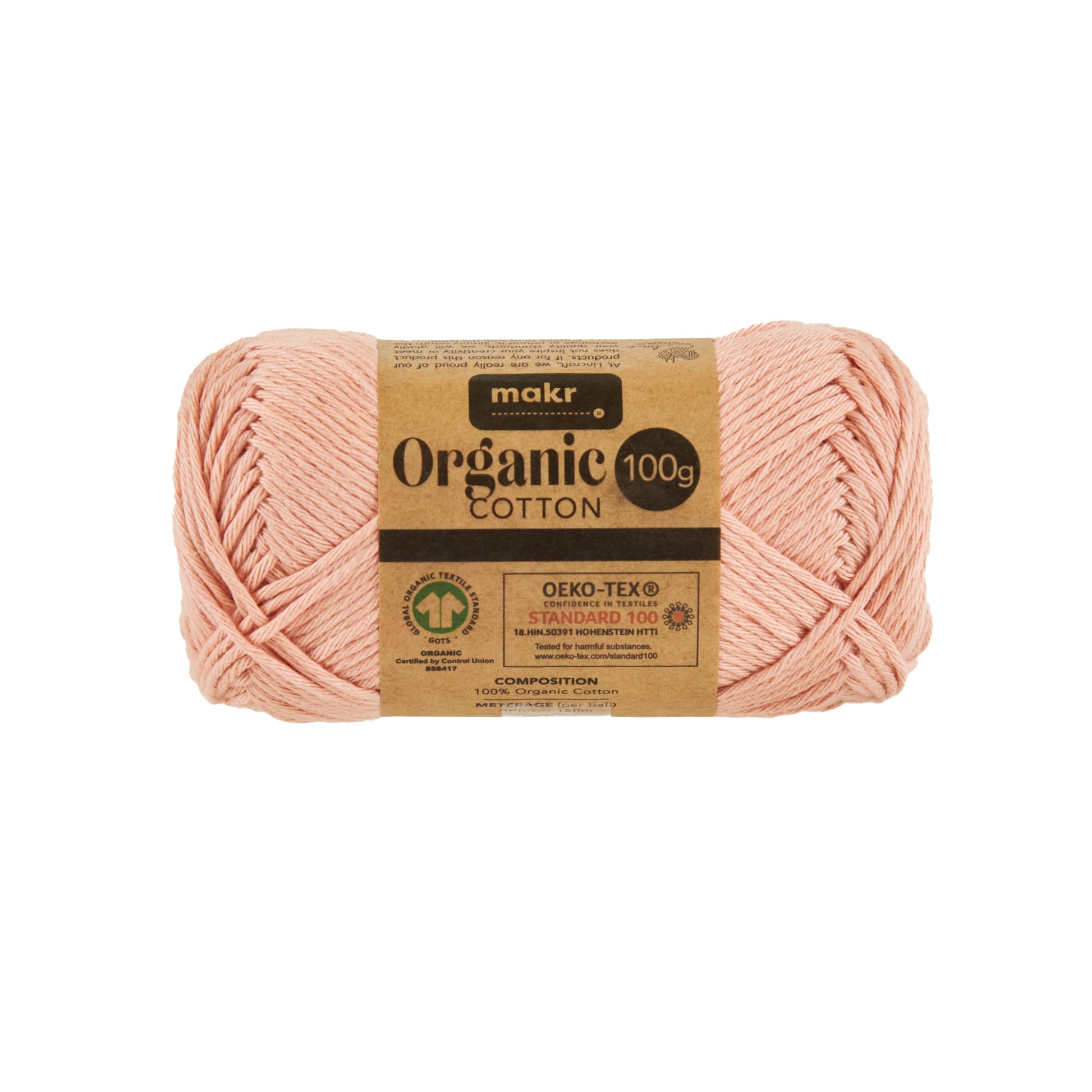 Makr Organic Cotton Crochet & Knitting Yarn, Peach Nectar- 100g Cotton Yarn