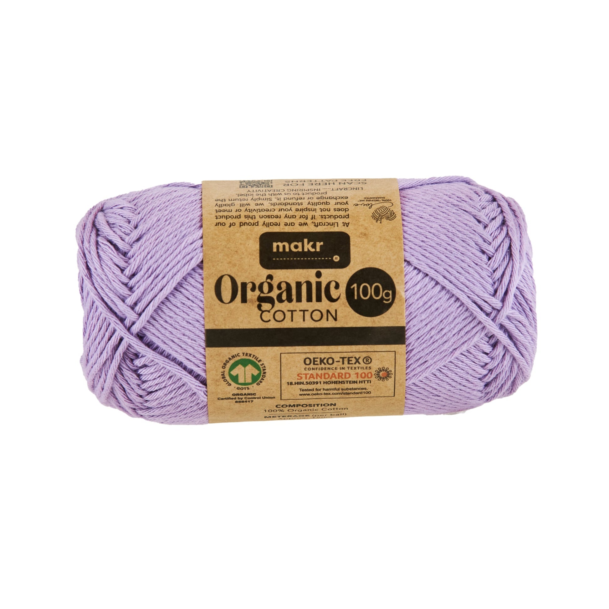 Makr Organic Cotton Crochet & Knitting Yarn, Lilac- 100g Cotton Yarn