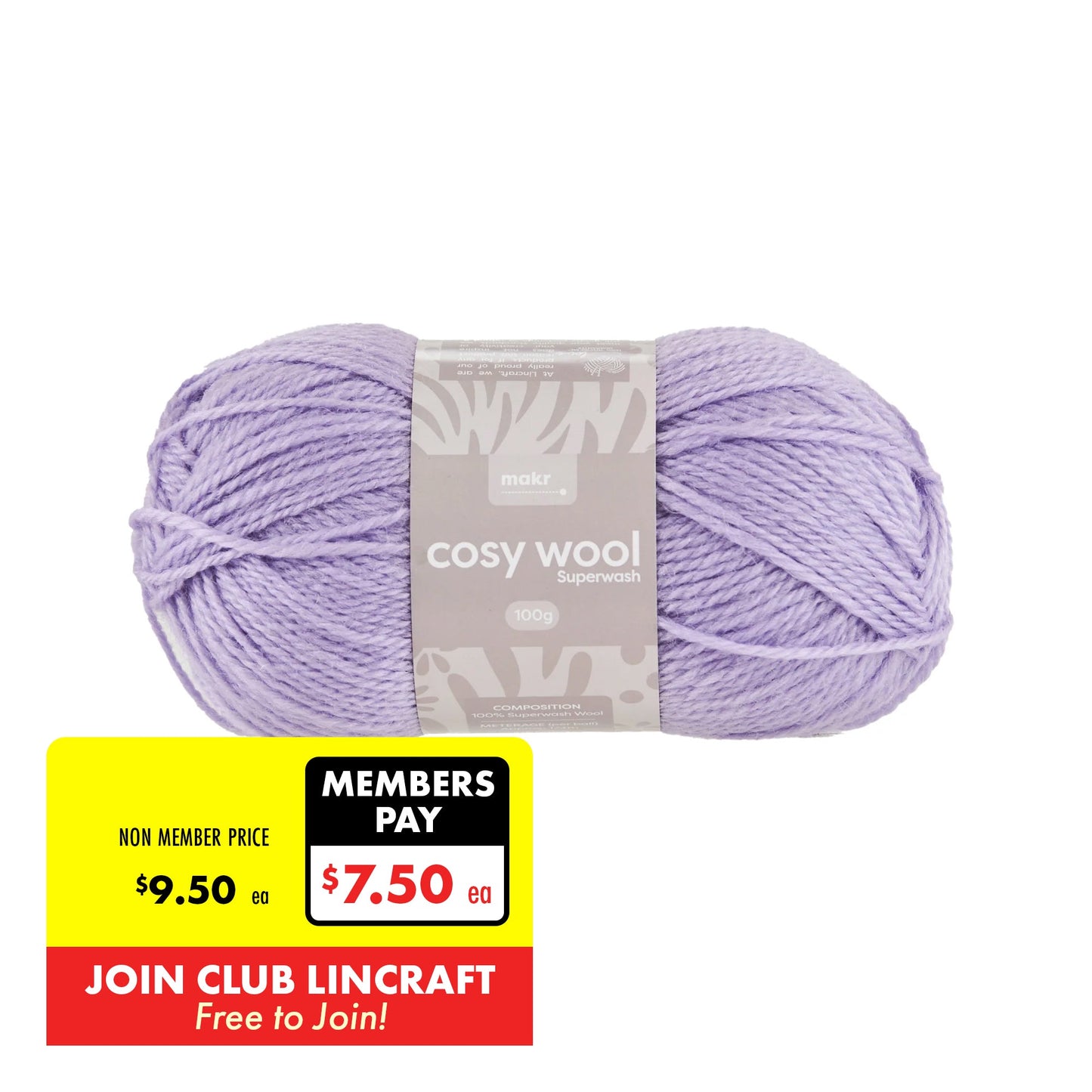 Makr Cosy Wool Crochet & Knitting Yarn 8ply, Pastel Lilac- 100g Wool Yarn