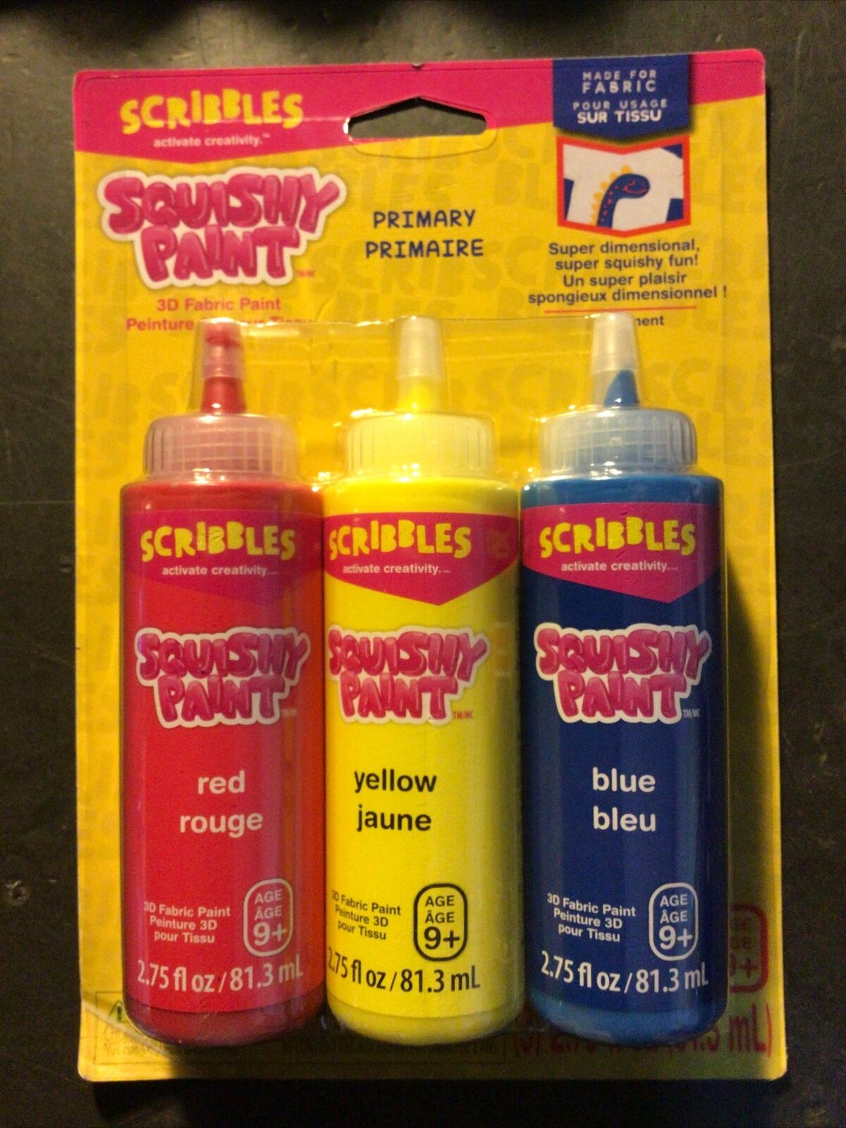 Scribbles Squishy Fabric Paint, Primary Colours- 3pk