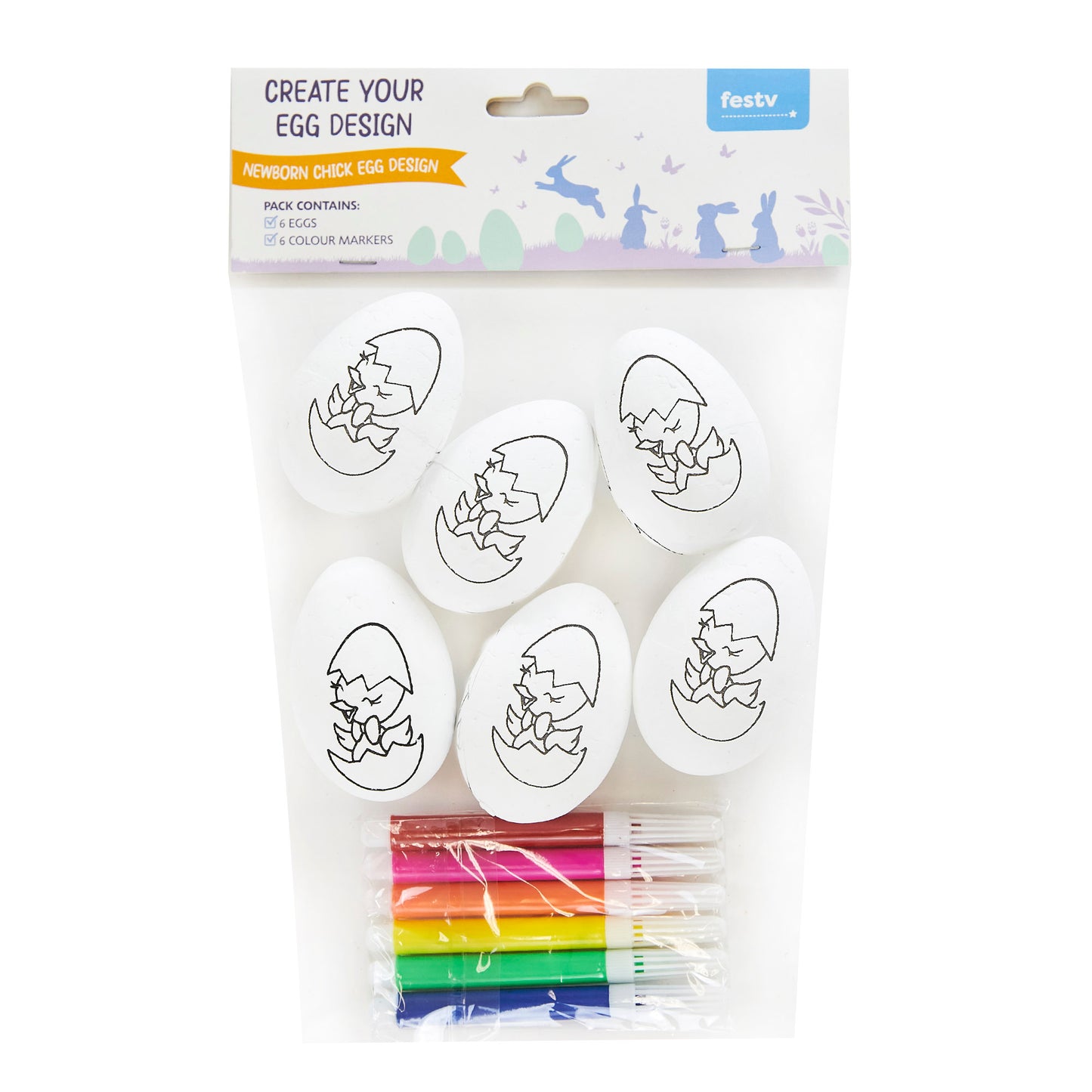 Easter Newborn Chick Egg Design 6Pk with 6 Markers