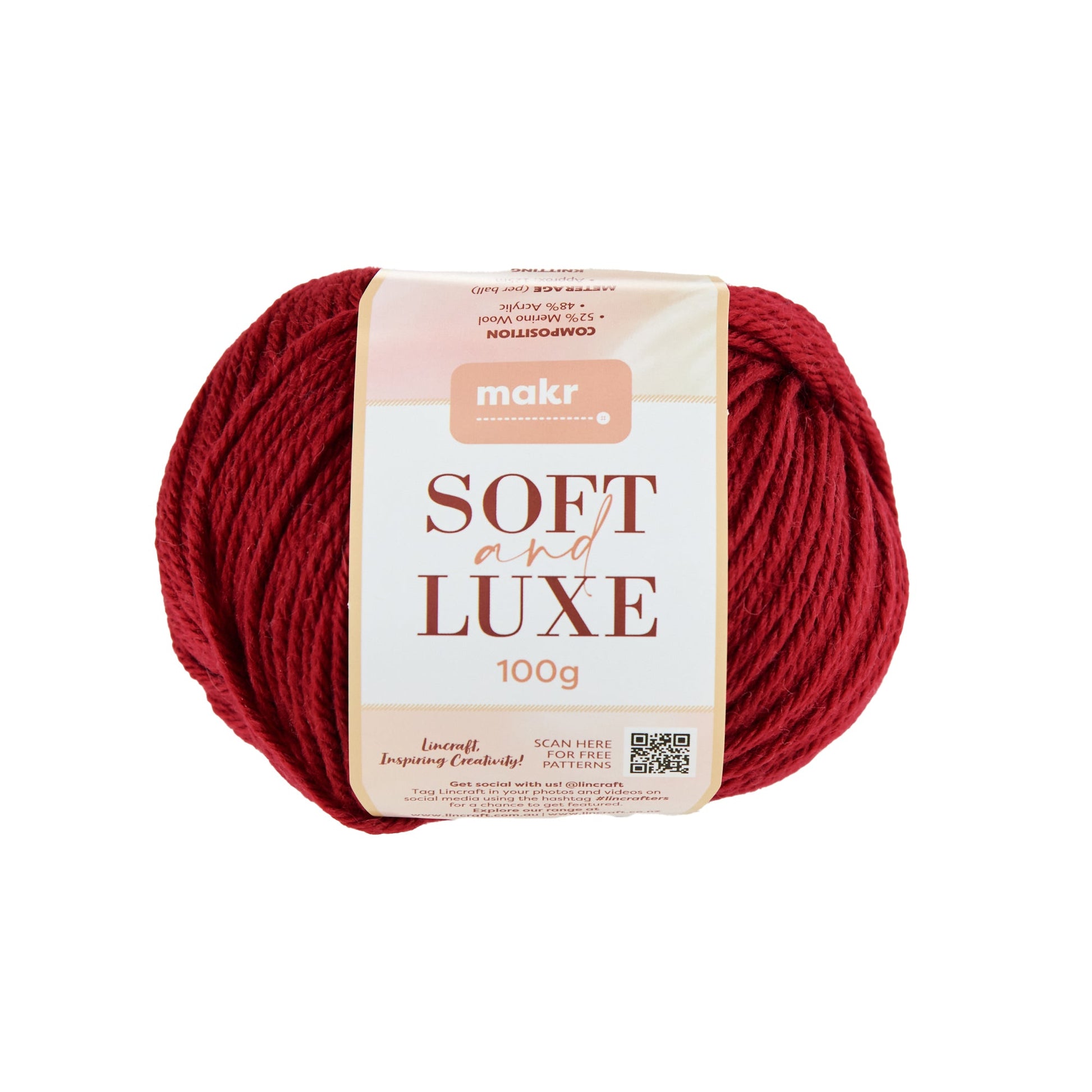 Makr Soft & Luxe Crochet & Knitting Yarn, Ruby- 100g Merino Wool Acrylic Yarn