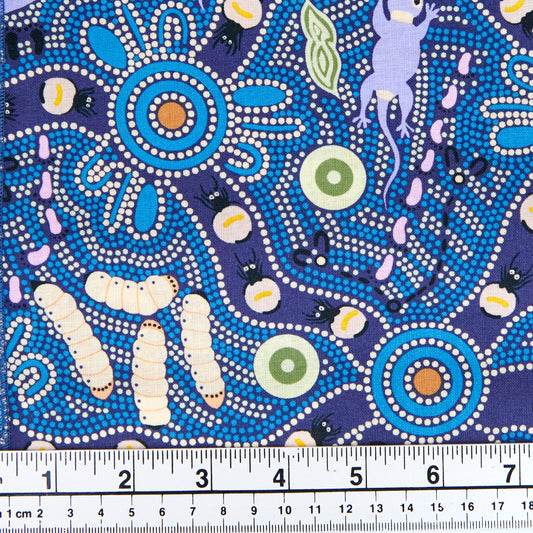 Aboriginal Print Fabric, Bush Tucker By Julie Paige, Blue -Width  145cm