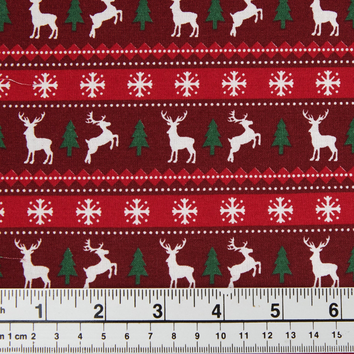 Christmas Cotton Print Fabric, Red/Reindeer Trees- Width 112cm