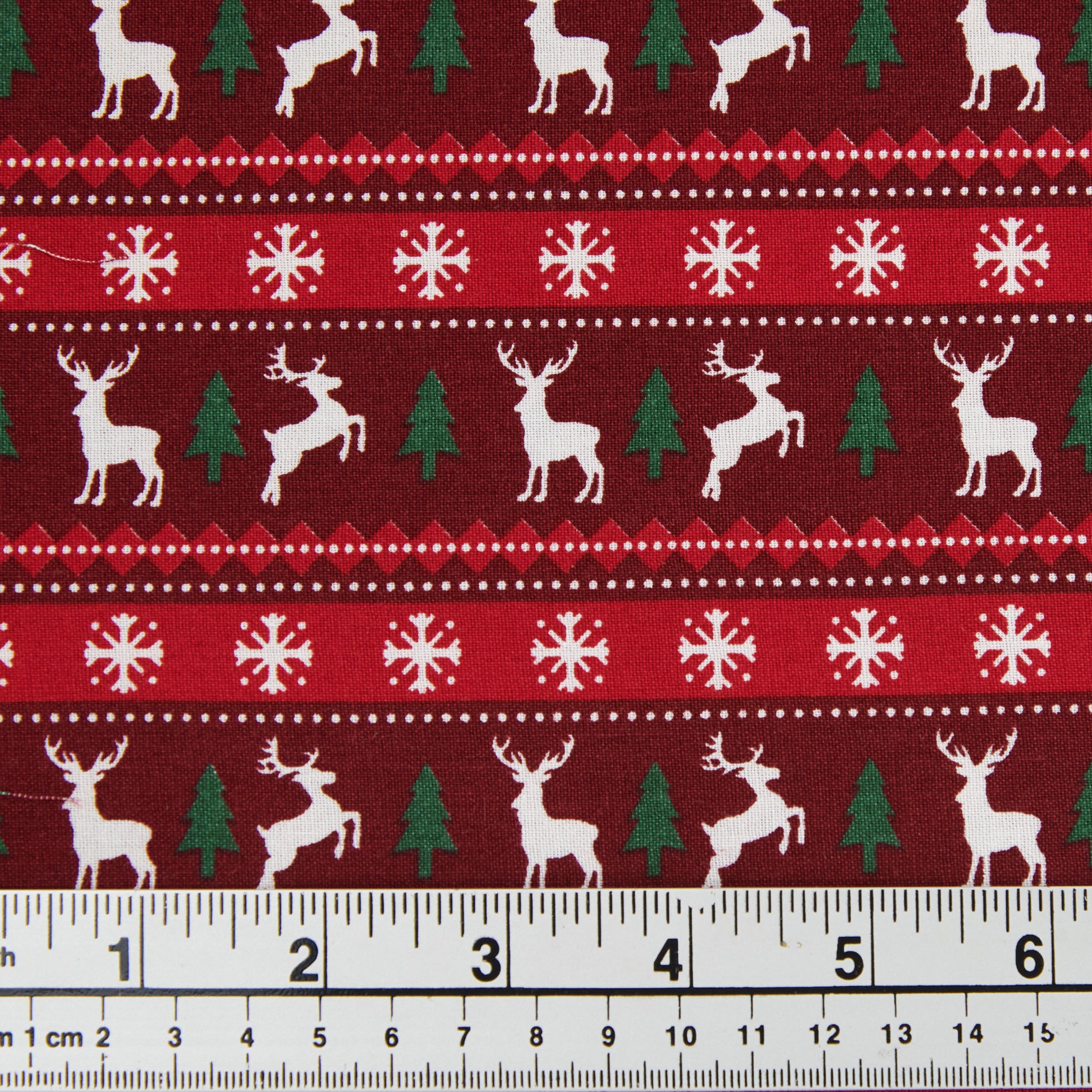 Christmas Cotton Print Fabric, Red/Reindeer Trees- Width 112cm