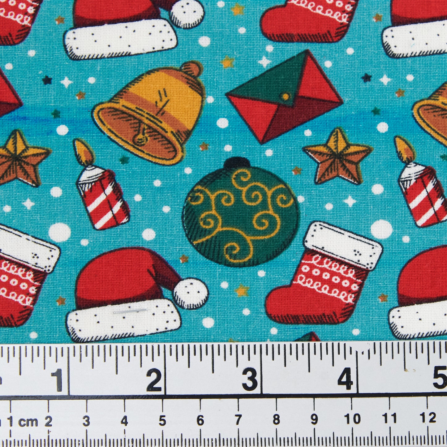 Christmas Cotton Print Fabric, Blue Hats & Stocking- Width 112cm