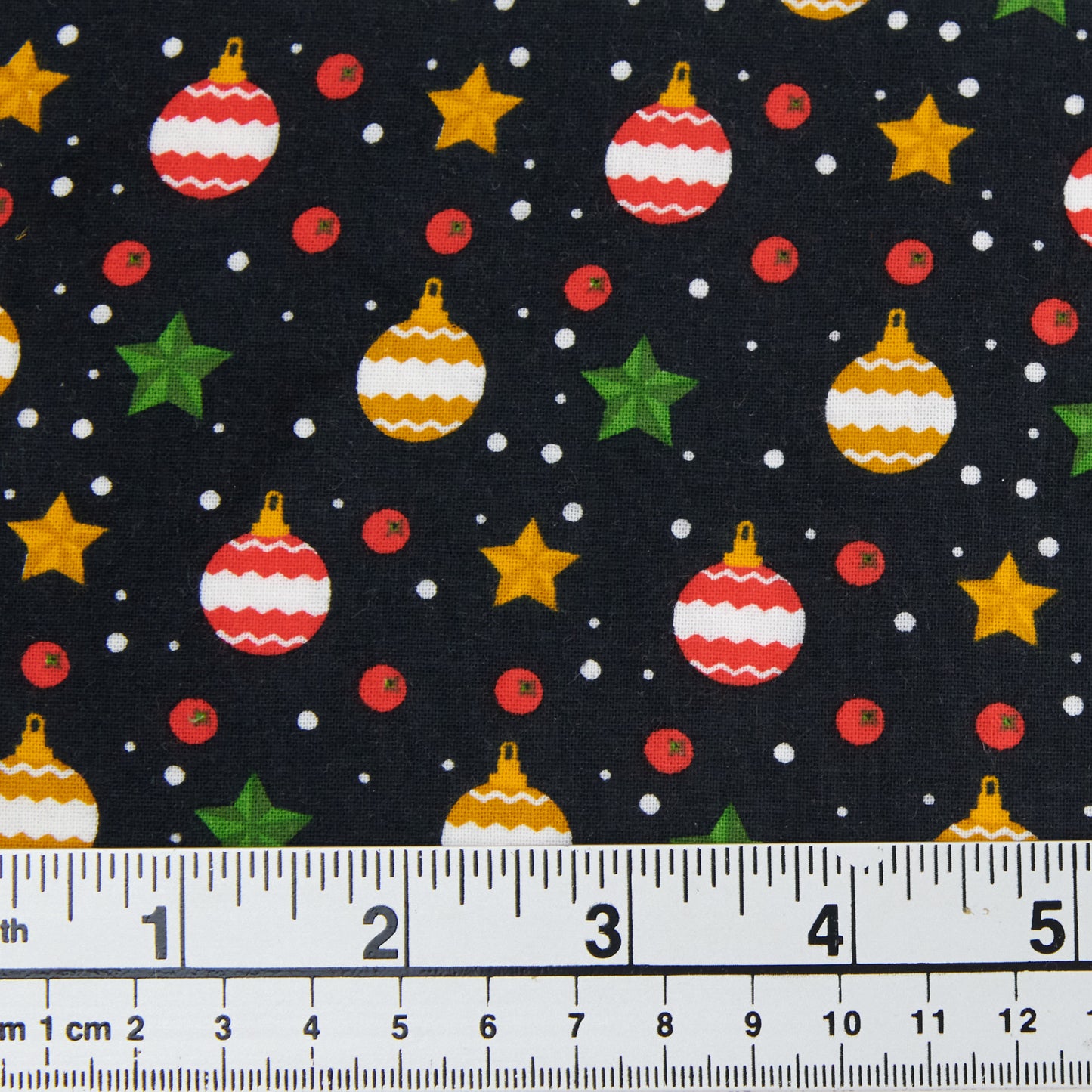 Christmas Cotton Print Fabric, Green Baubles And Stars- Width 112cm