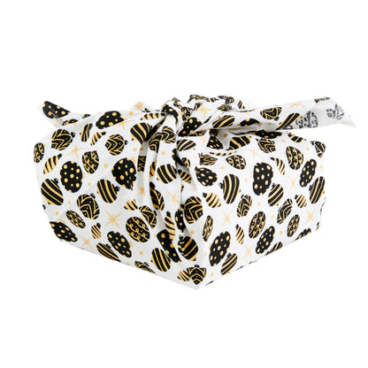 Metallic Christmas Fabric Print Reusable Gift Wrap, Black Gold Baubles- 55cmx70cm
