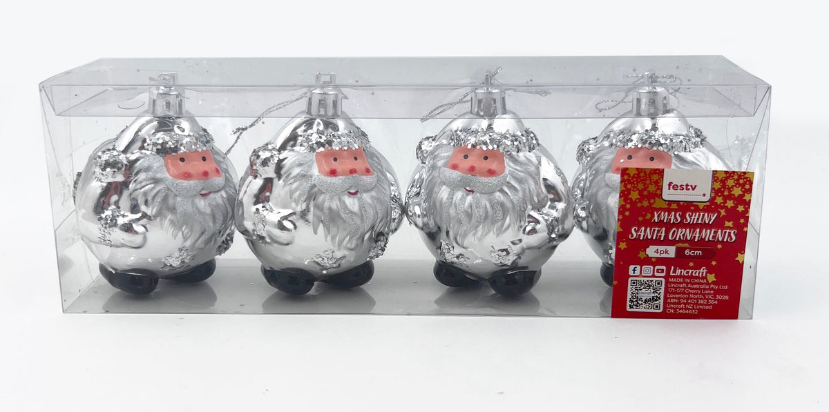 Christmas Ornaments, 6cm Shiny Santa- 4pk