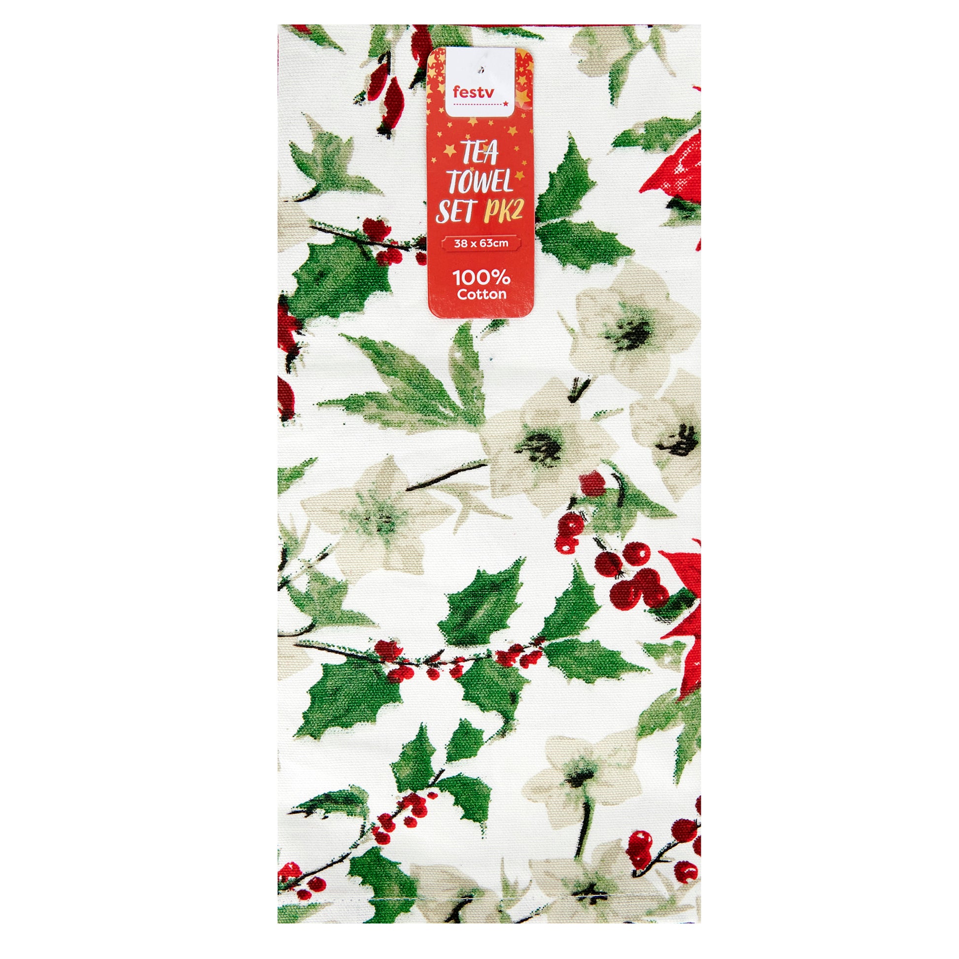 Christmas Tea Towel, 2pk Sea Poinsettia Printed- 38x63cm