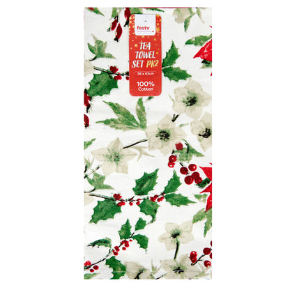 Christmas Tea Towel, 2pk Sea Poinsettia Printed- 38x63cm